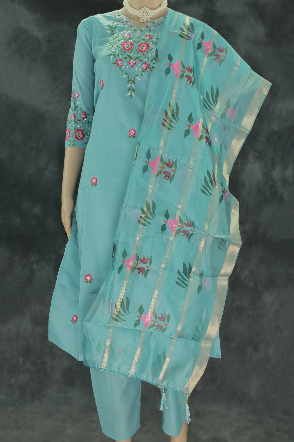 Pastel Blue Roman Silk 3-Piece Kurti Set with V Neck, Elastic Pant & Organza Zari Dupatta - Pastel Blue
