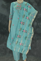 Pastel Blue Roman Silk 3-Piece Kurti Set with V Neck, Elastic Pant & Organza Zari Dupatta - Pastel Blue
