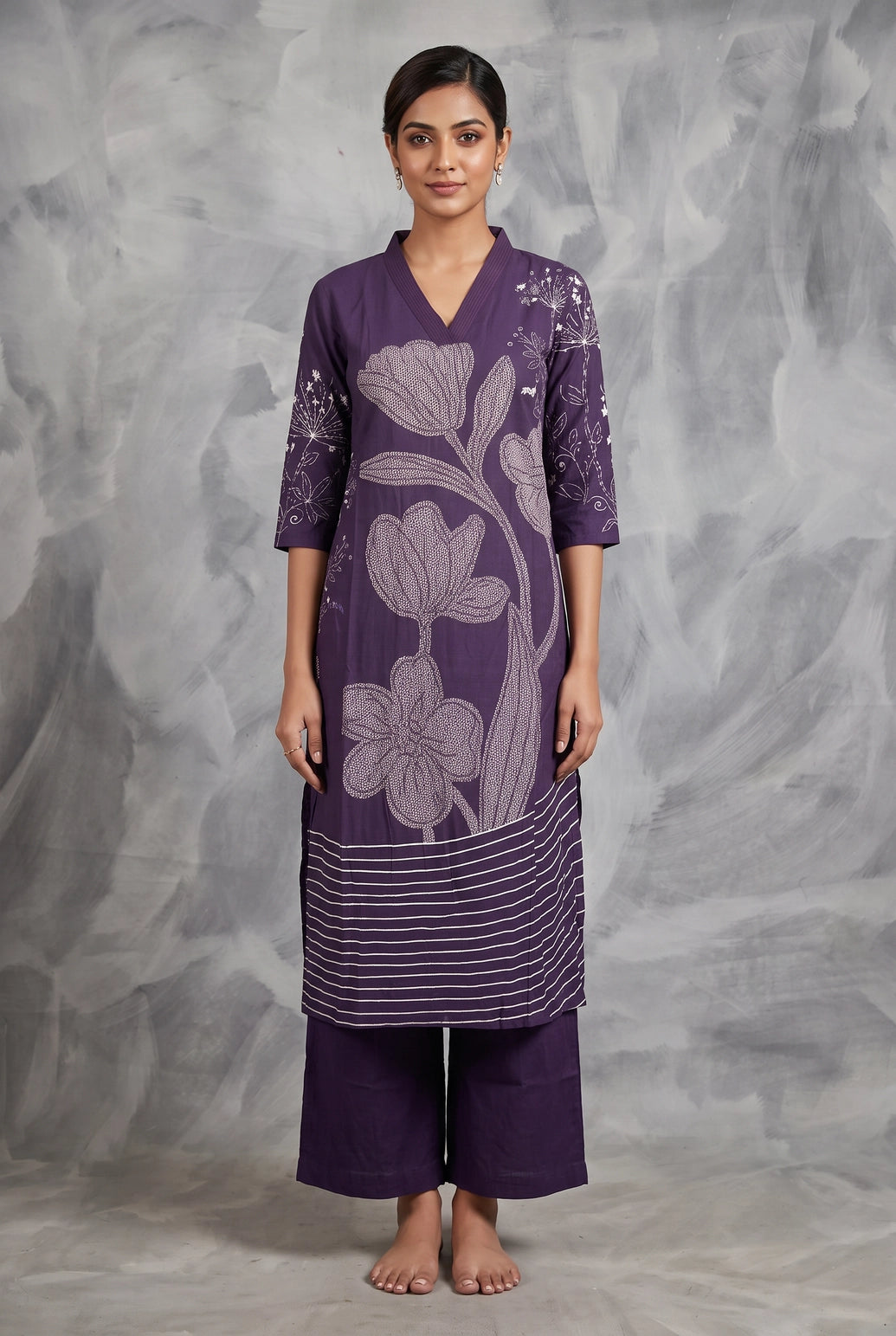 Purple Roman Co-Ord Kurti Set with Vertical Floral Placement Print & V-Neck Kurti, Elastic Pant - Purple