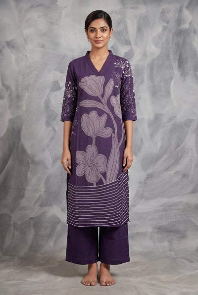 Purple Roman Co-Ord Kurti Set with Vertical Floral Placement Print & V-Neck Kurti, Elastic Pant - Purple
