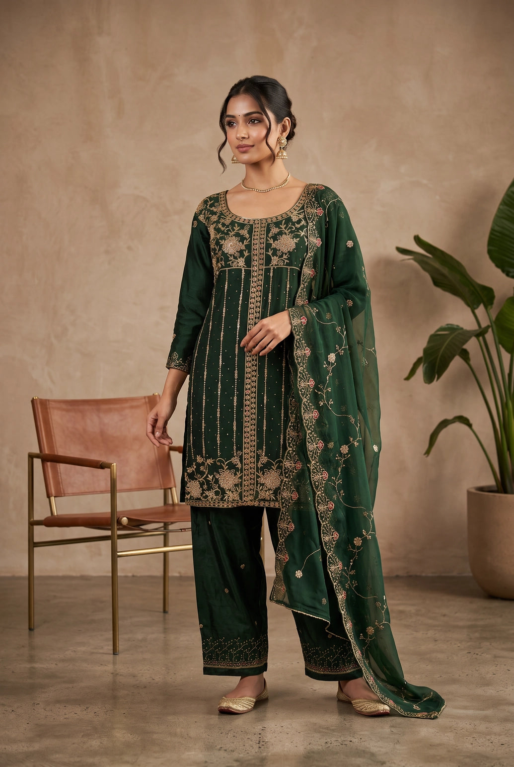 Green Embroidered Salwar Kurti 3-Piece Set with Organza Dupatta and Elastic Pant - Green