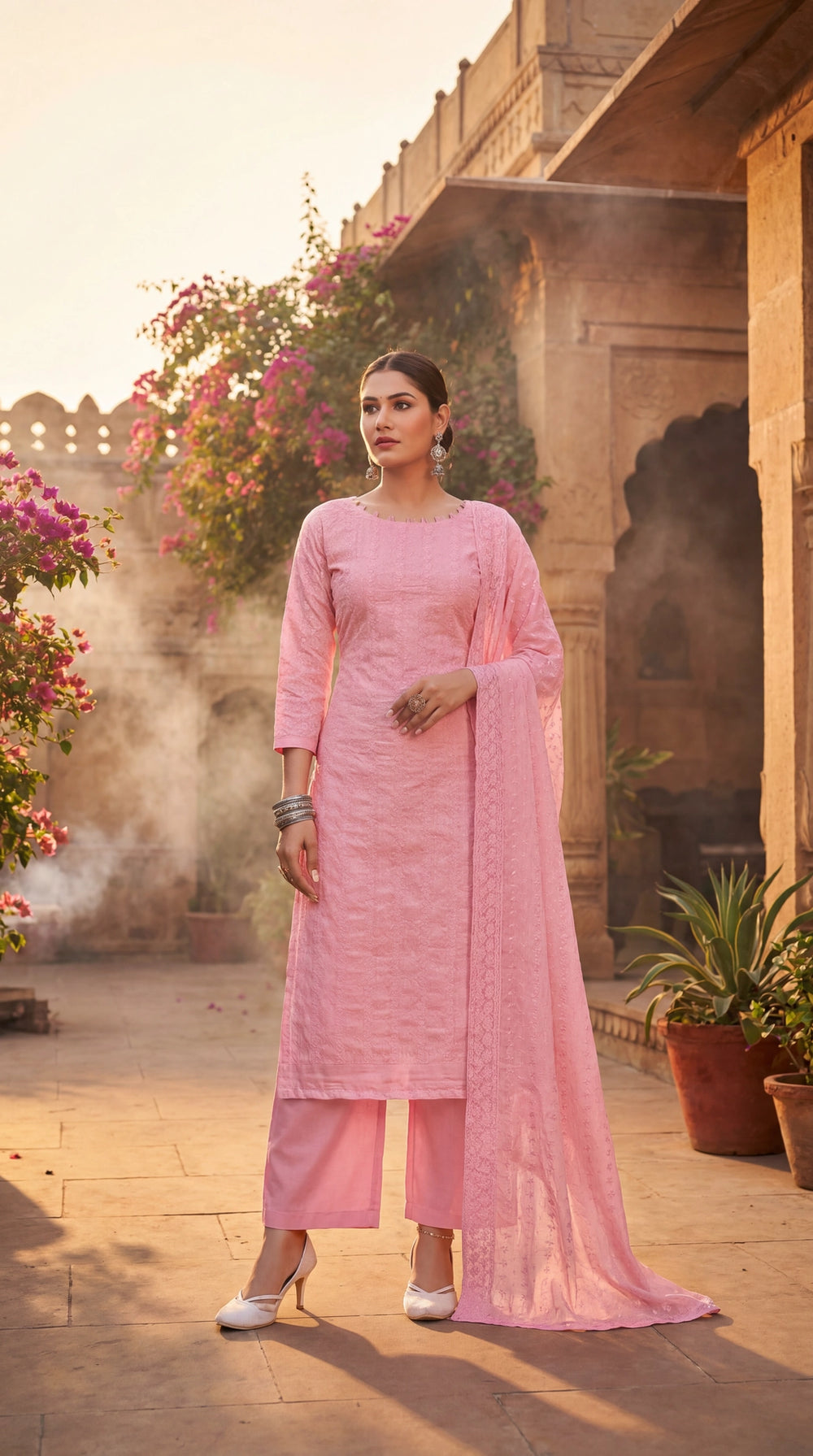 Light Pink Cotton 3-Piece Kurti Set with Floral Print Pant & Schiffli Work Dupatta for Daily Ethnic Wear - Light Pink