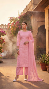 Light Pink Cotton 3-Piece Kurti Set with Floral Print Pant & Schiffli Work Dupatta for Daily Ethnic Wear - Light Pink