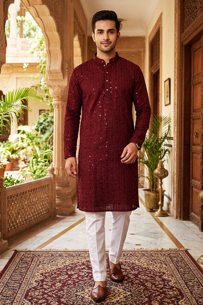 Maroon Men's Royal Lakhnavi Kurta with Sequin Work - AI Model Photo 3