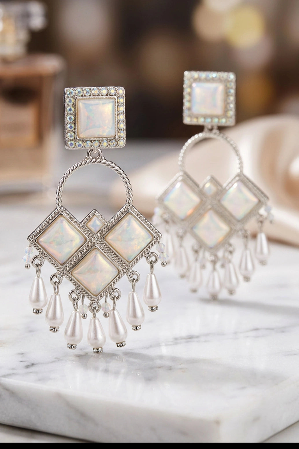White Pearl Drop Fashion Earrings in Silver Tone with Square Stud and Iridescent Stone Dangles - White