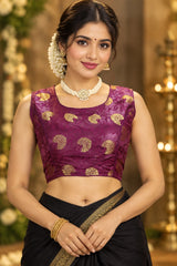Purple Readymade Designer Padded Blouse with Floral Zari Motifs, Sleeveless, Back Knot, Fully Stitched - Purple