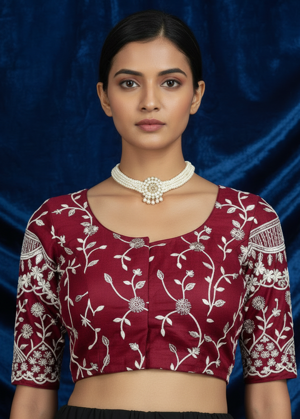 Maroon Readymade Designer Padded Blouse with Aari Work, Floral Embroidery, Elbow Sleeves & Back Knot