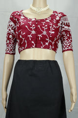 Maroon Readymade Designer Padded Blouse with Aari Work, Floral Embroidery, Elbow Sleeves & Back Knot - Maroon