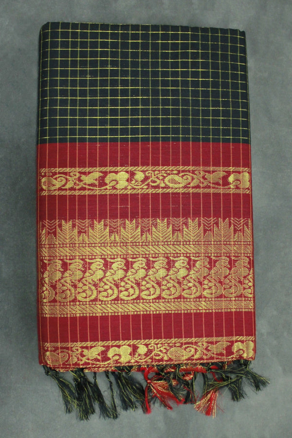 Black Kalyani Cotton Saree with Zari Checked and Peacock Border, Includes Blouse - Black