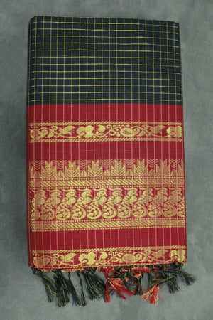 Black Kalyani Cotton Saree with Zari Checked and Peacock Border, Includes Blouse