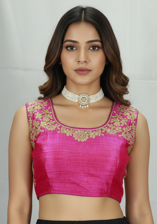 Pink Readymade Designer Padded Blouse with Golden Aari Work Floral Motifs, Back Knot, Sleeveless