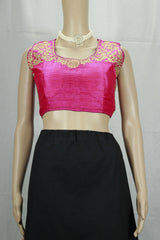 Pink Readymade Designer Padded Blouse with Golden Aari Work Floral Motifs, Back Knot, Sleeveless - Pink