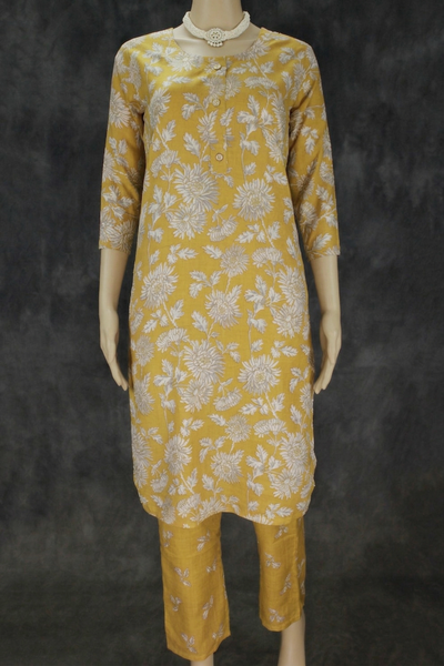 Mustard Yellow Cotton Kurti Pant Set with Printed Design, Elastic Waist & 2-Piece Kurta Pajama Style - Mustard Yellow