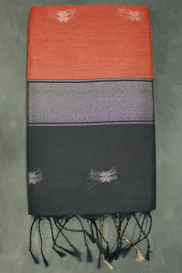 Maheswari Silk Cotton Saree in Brown with Small Butta and Zari Border and Blouse Piece - Brown