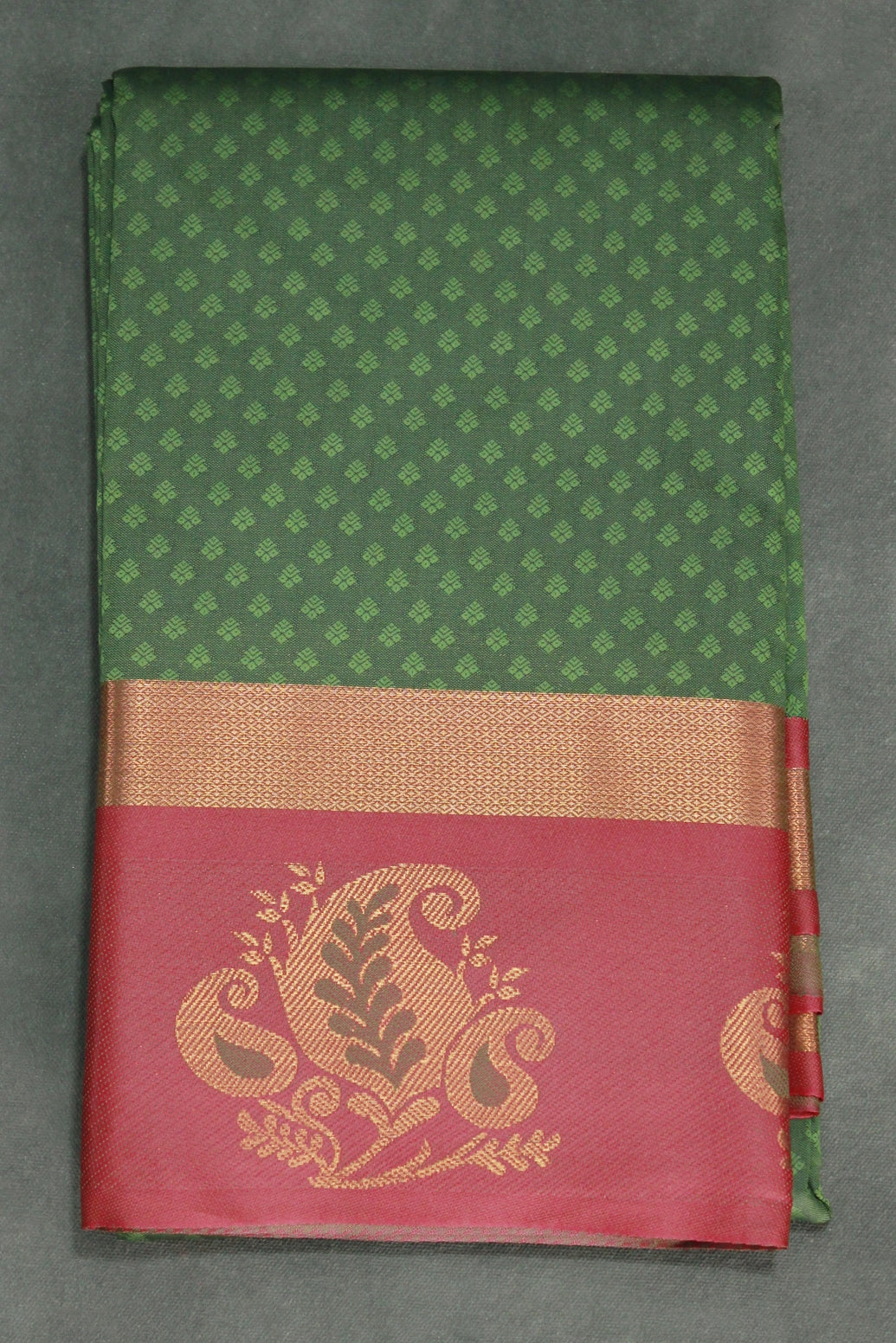 Dark Olive Green Emboss Silk Saree with Floral Design Satin Border and Blouse - Dark Olive Green