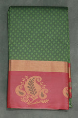 Dark Olive Green Emboss Silk Saree with Floral Design Satin Border and Blouse - Dark Olive Green