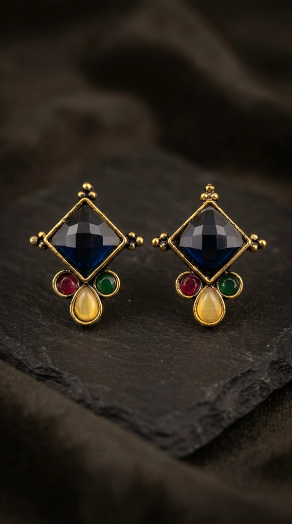 Navy Blue & Multi Colour Stone Stud Drop Earrings with Gold-Tone Ethnic Design - Navy Blue & Multi color
