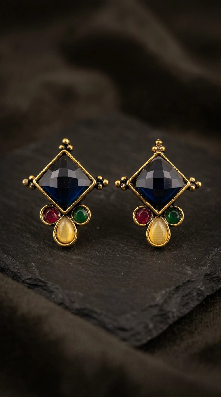 Navy Blue & Multi Colour Stone Stud Drop Earrings with Gold-Tone Ethnic Design - Navy Blue & Multi color