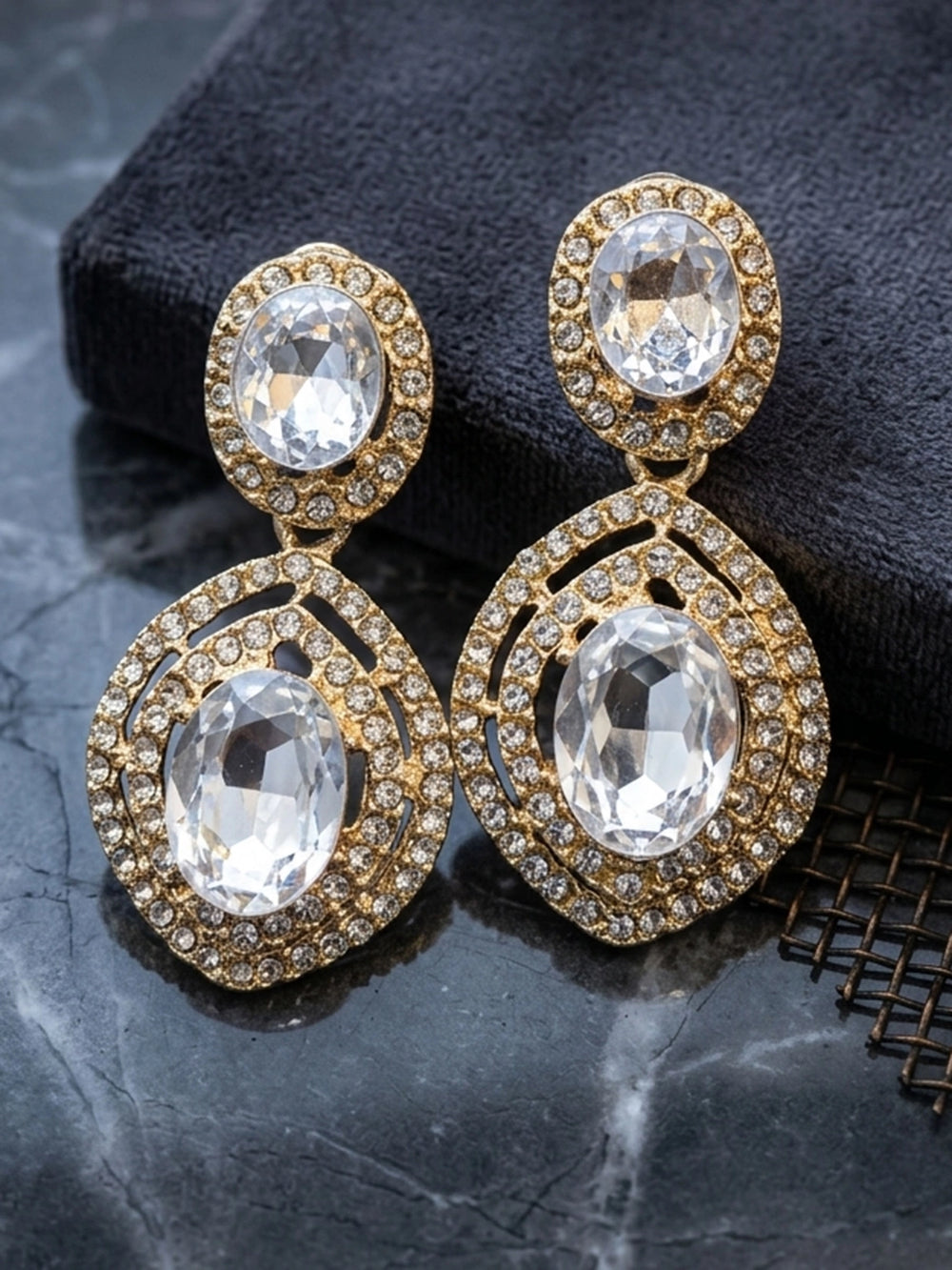 White Oval Stone Drop Earrings with Halo Rhinestone Studs and Dangling Teardrop - White