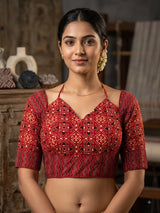 Red Ajrakh Print Cotton Padded Blouse with Geometric Floral Motifs & Zigzag Border, Elbow Sleeves, Back Knot - Red