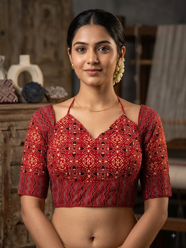 Red Ajrakh Print Cotton Padded Blouse with Geometric Floral Motifs & Zigzag Border, Elbow Sleeves, Back Knot - Red