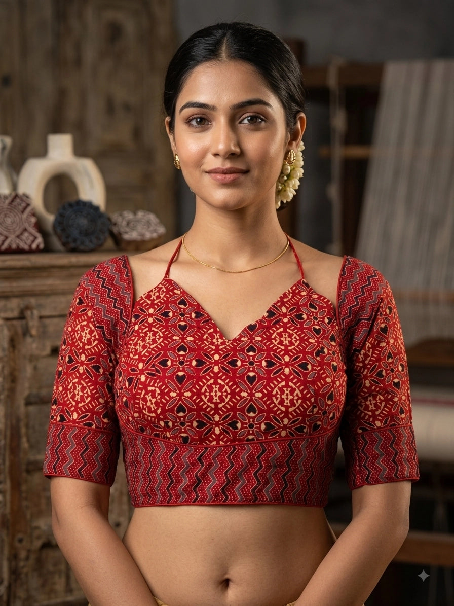 Red Ajrakh Print Cotton Padded Blouse with Geometric Floral Motifs & Zigzag Border, Elbow Sleeves, Back Knot - Red