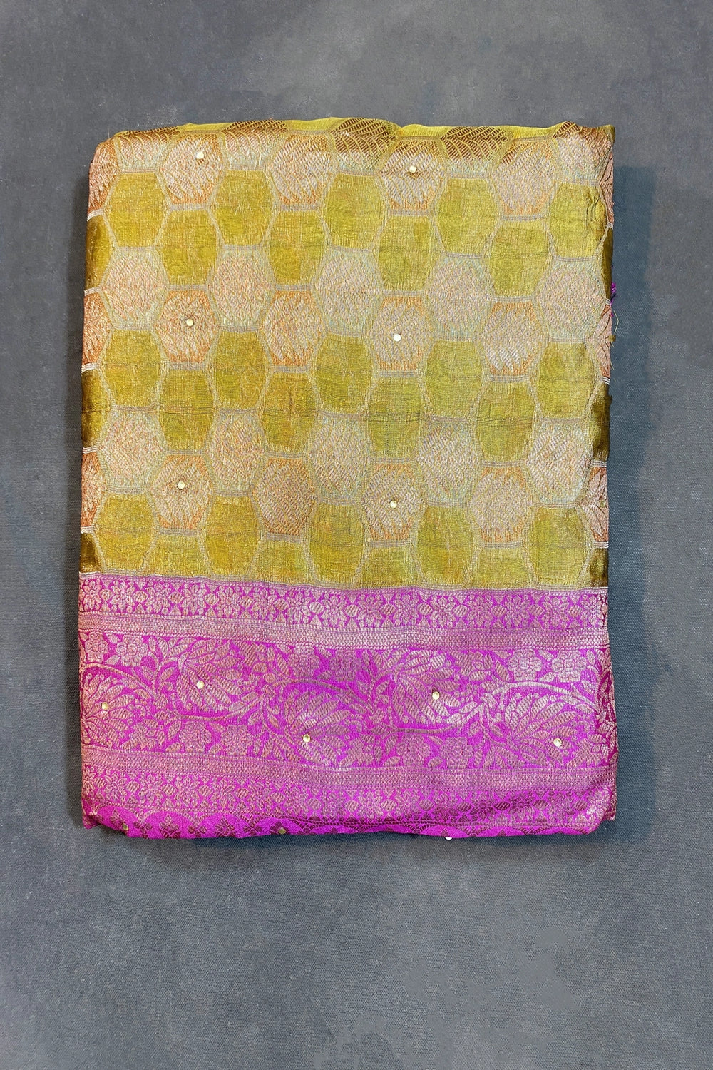 Madhumita Designer Cotton Organza Saree with Stone Work, Mustard Floral Pallu and Blouse - Mustard