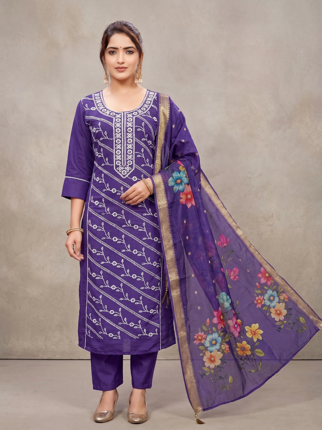 Purple Roman Silk 3-Piece Kurti Set with Embroidery, Elastic Pant & Digital Jacquard Dupatta - Purple