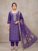 Purple Roman Silk 3-Piece Kurti Set with Embroidery, Elastic Pant & Digital Jacquard Dupatta - Purple
