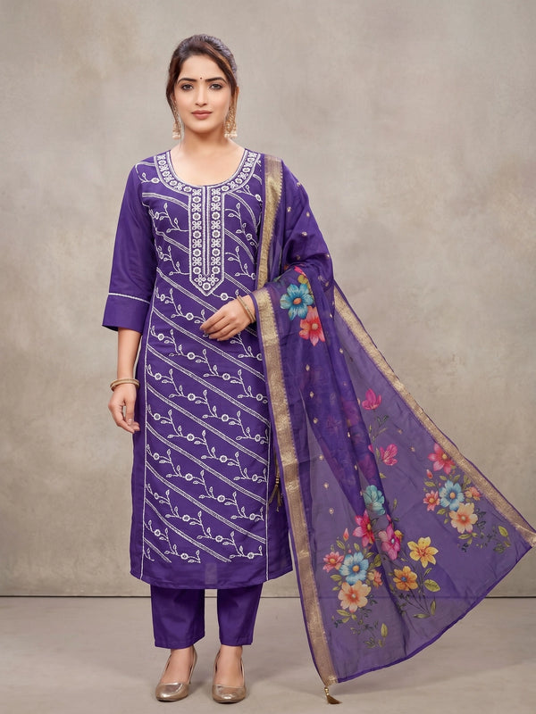 Purple Roman Silk 3-Piece Kurti Set with Embroidery, Elastic Pant & Digital Jacquard Dupatta - Purple