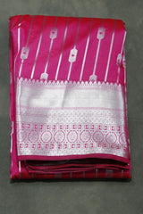 Magenta Pink Bridal Vaira Oosi Saree with Silver Zari Border and Matching Blouse, Soft Silk - Magenta Pink