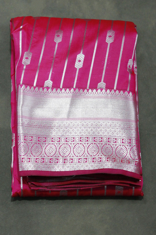 Magenta Pink Bridal Vaira Oosi Saree with Silver Zari Border and Matching Blouse, Soft Silk - Magenta Pink