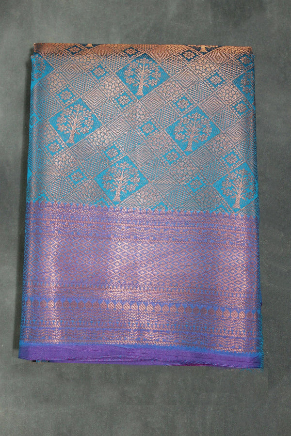 Blue Bridal Kubera Pattu Saree with Grand Pallu Zari Work and Zari Border, Comes with Blouse - Blue