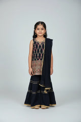 Girls Navy Blue Satin Garara 3-Piece Ethnic Set with Golden Border Sleeveless Top and Flared Pants - Navy Blue