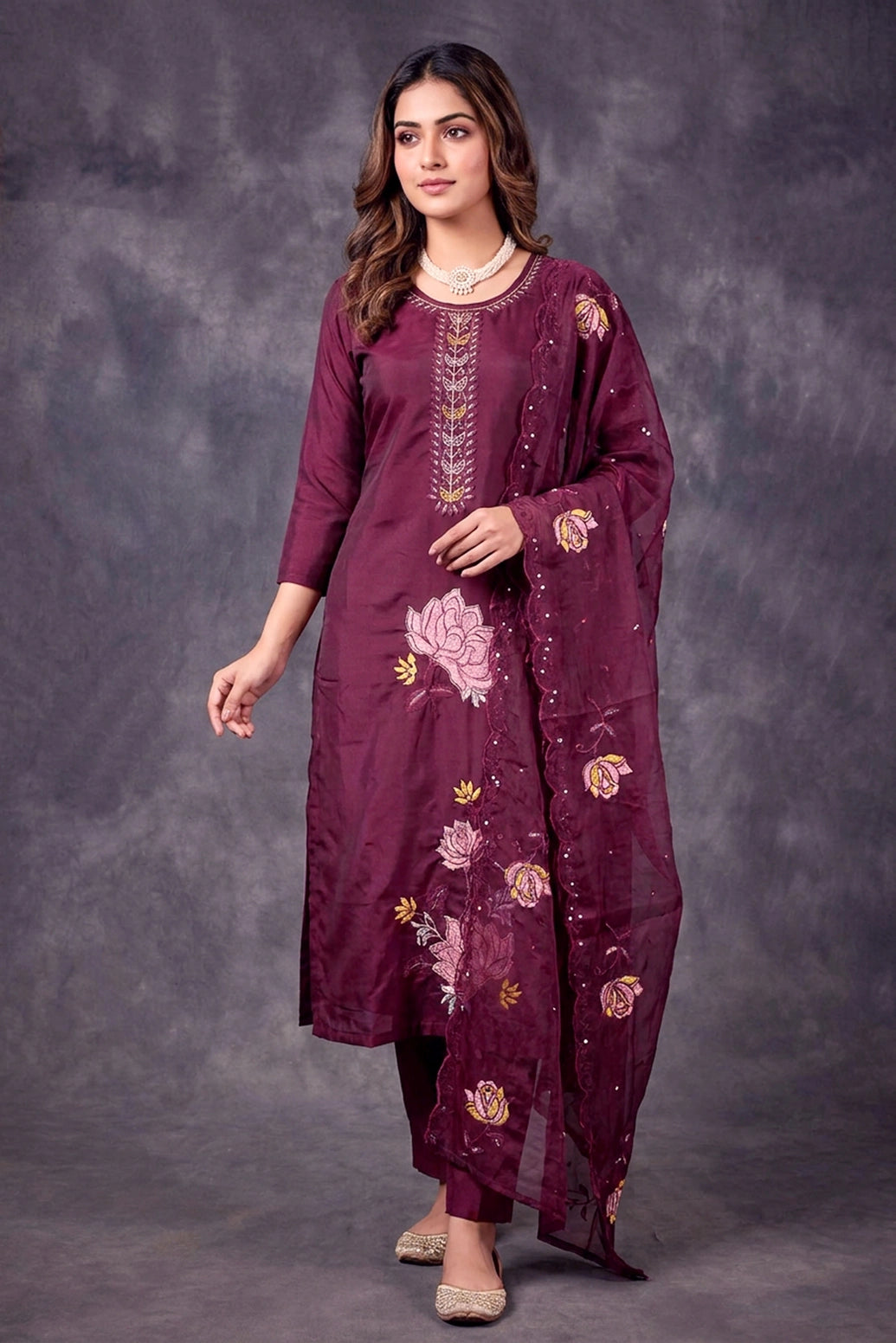 Dark Purple Roman Silk 3-Piece Kurti Set with Elastic Pant and Chiffon Dupatta, Floral Embroidery and Beaded Neck - Dark Purple