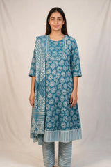 Teal Blue Cotton 3-Piece Kurti Set with Floral Print, Elastic Pants and Matching Dupatta - Teal Blue
