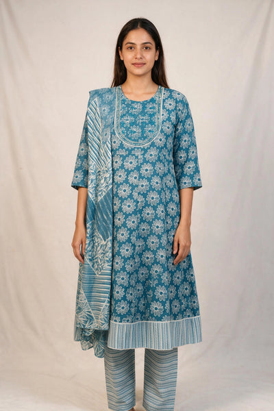 Teal Blue Cotton 3-Piece Kurti Set with Floral Print, Elastic Pants and Matching Dupatta - Teal Blue