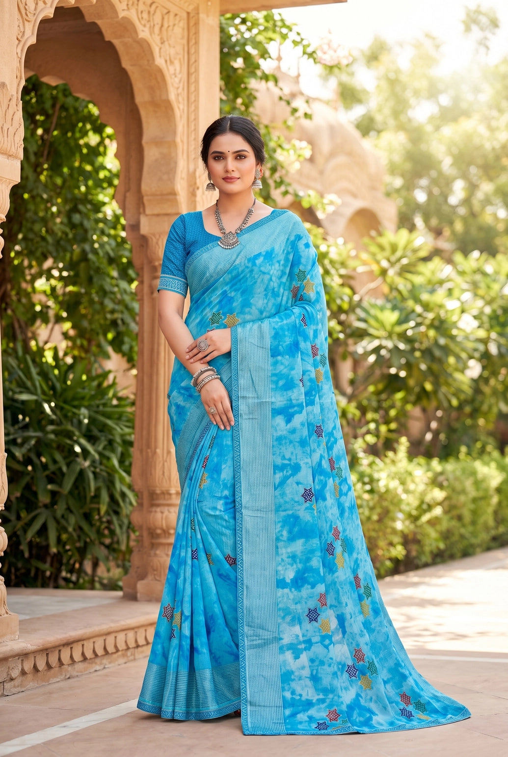 Sky Blue Chiffon Saree with Tie-Dye Print and Star Motifs, Shimmering Striped Border with Blouse - Sky Blue