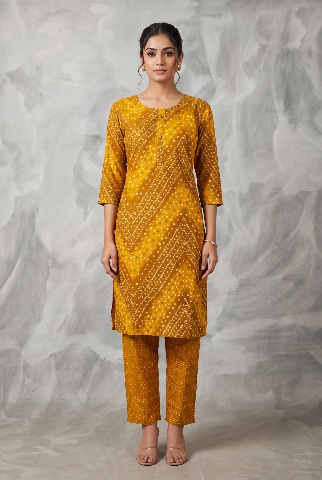 Mustard Yellow Rayon 2-Piece Kurti Set with Geometric Print & Elastic Pant for Women - Mustard Yellow