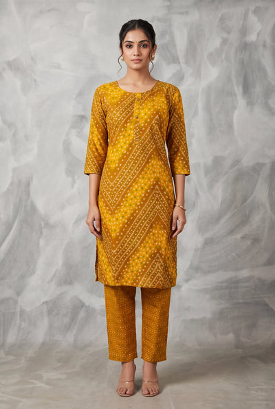 Mustard Yellow Rayon 2-Piece Kurti Set with Geometric Print & Elastic Pant for Women - Mustard Yellow