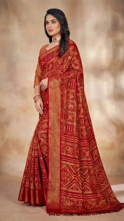 Deep Red Bandhani Chiffon Saree with Gold Zari Motifs and Broad Border for Festive Wear - Deep Red