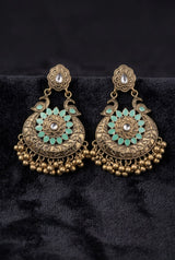 Antique Finish Peacock Chandbali Earrings with Blue-Turquoise Stone & Ghungroo Tassels for Festive Wear