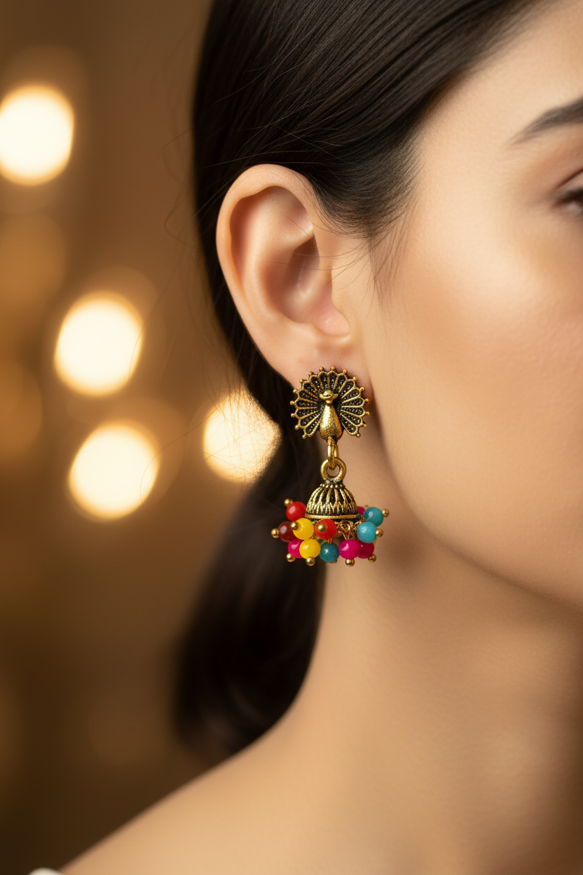 Peacock Motif Jhumka Earrings with Multicolor Bead Fringe - Antique Gold-Tone Fashion Jewellery