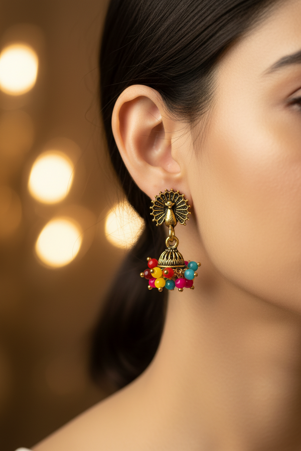 Peacock Motif Jhumka Earrings with Multicolor Bead Fringe - Antique Gold-Tone Fashion Jewellery