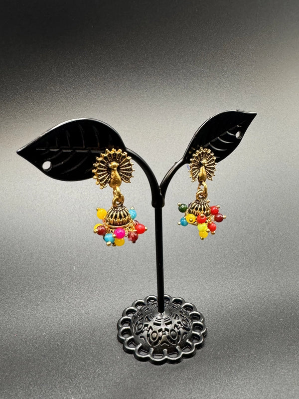 Peacock Motif Jhumka Earrings with Multicolor Bead Fringe - Antique Gold-Tone Fashion Jewellery Jewelry JCS Fashions Multi Color 1 inch