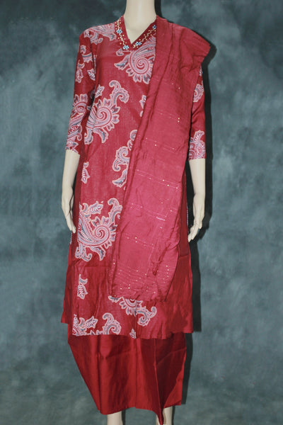 Maroon Cotton 3-Piece Kurti Set with Elastic Pant & Chiffon Dupatta, V Neck Embroidered Sequin Work - Maroon