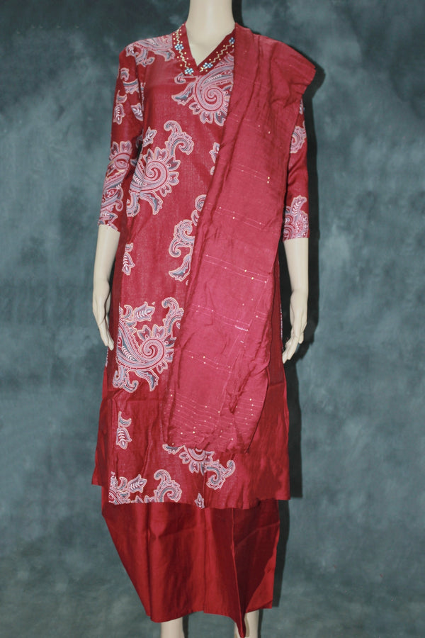 Maroon Cotton 3-Piece Kurti Set with Elastic Pant & Chiffon Dupatta, V Neck Embroidered Sequin Work - Maroon