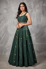 Green Designer Navratri Chaniya Choli with Round Mirror Work Choli & Embroidered Skirt for Party Wear - Green
