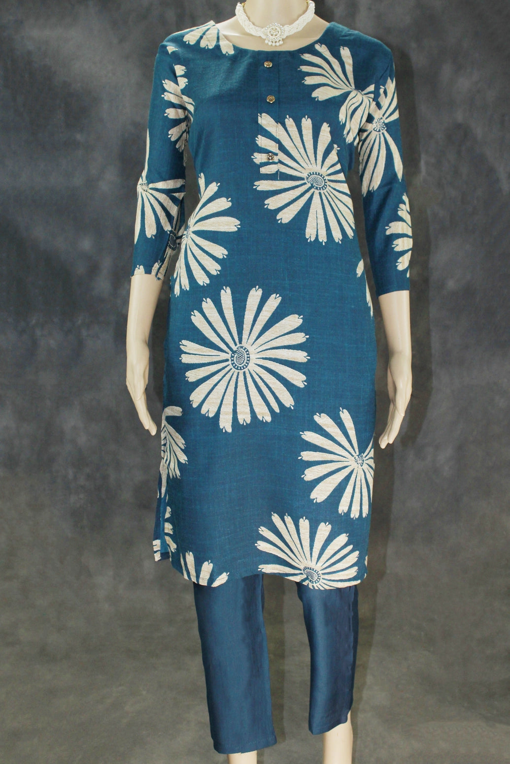 Cotton Peacock Blue Kurta Set with Floral Design - Peacock Blue