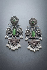 Oxidized Silver Floral & Stone Statement Earrings with Pearl Drops for Festive Ethnic Wear